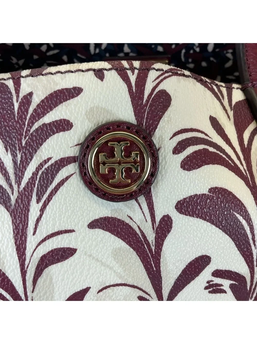 Tory Burch Kerrington Wonderland Burgundy Cream Tote Hand Shoulder Bag‎